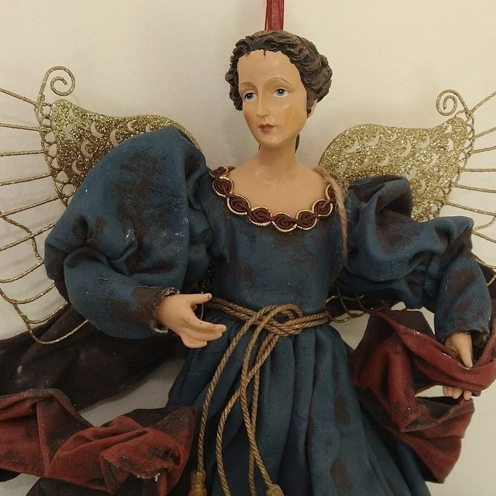Vintage Renaissance Christmas angel ornament with gold wings large 14 x 11 blue